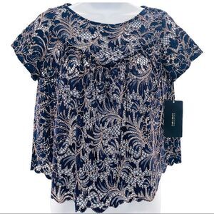 ZARA Blue Lace Sheer Flowy Scalloped Edge Blouse